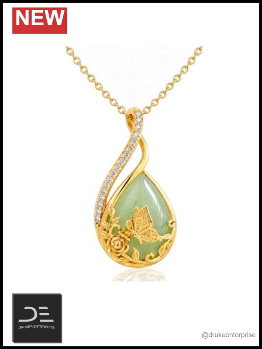 Natural Jade Pendant Necklace for Women 14K Gold Plated Butterfly